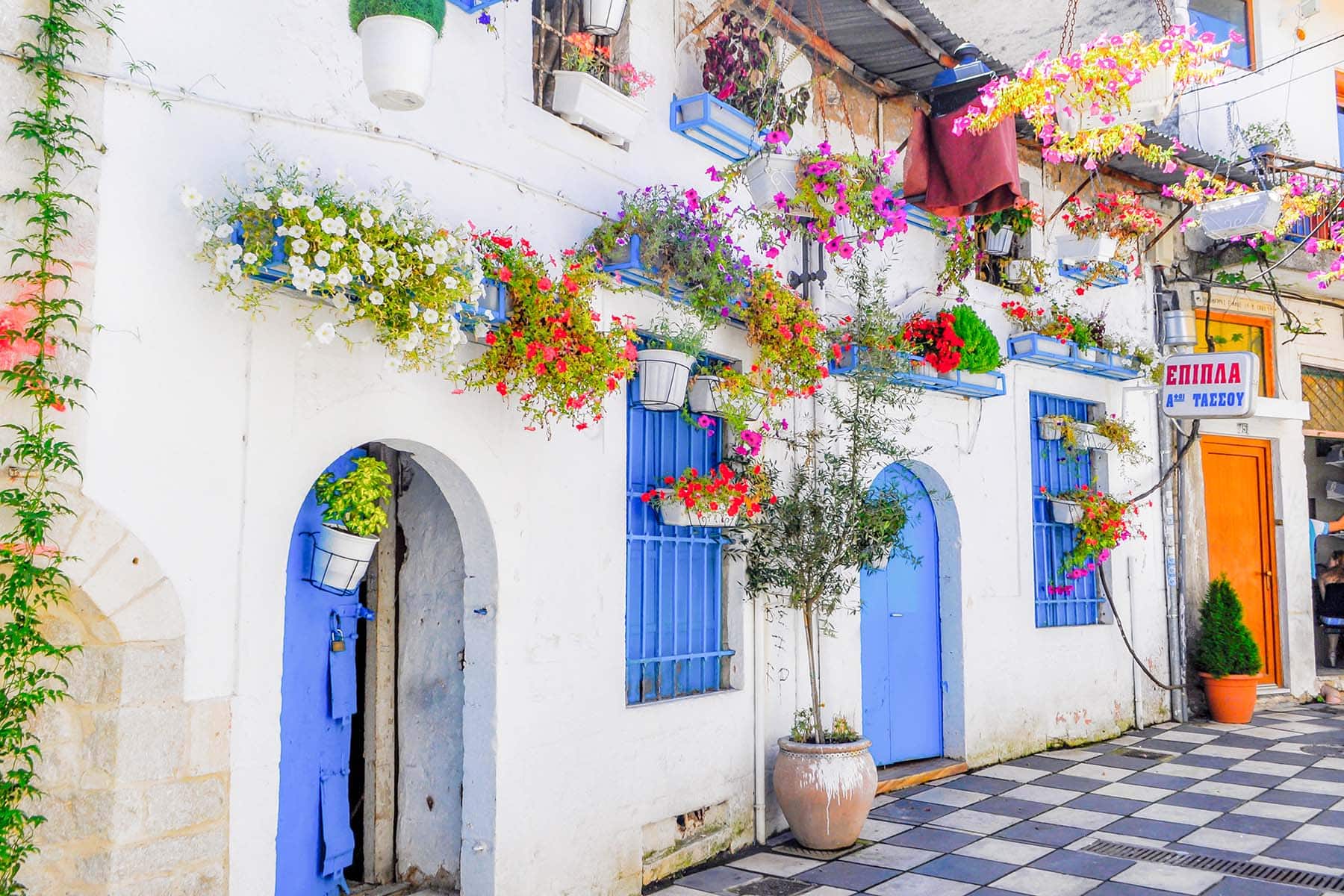 en vit husvägg i Grekland med blå dörr och vackra blommor