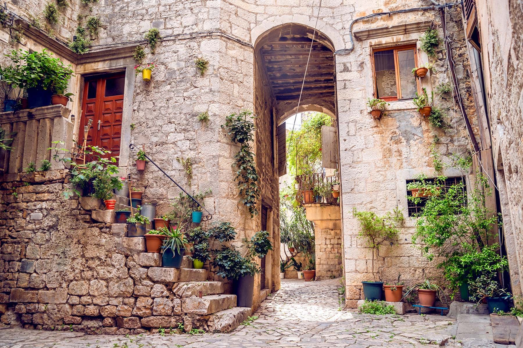 en stenvägg med blommor 