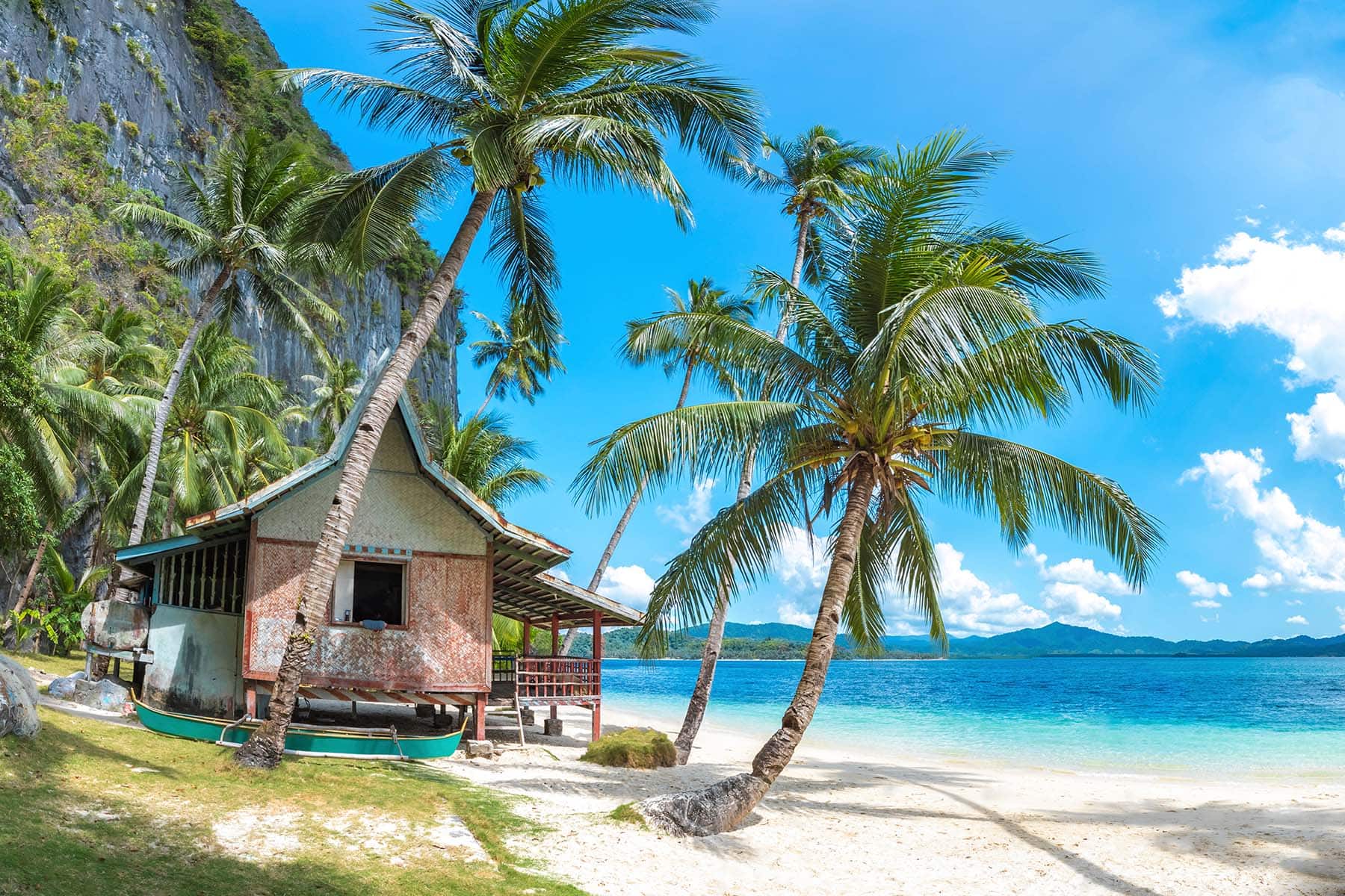 En exotisk hydda på stranden med palmer omkring
