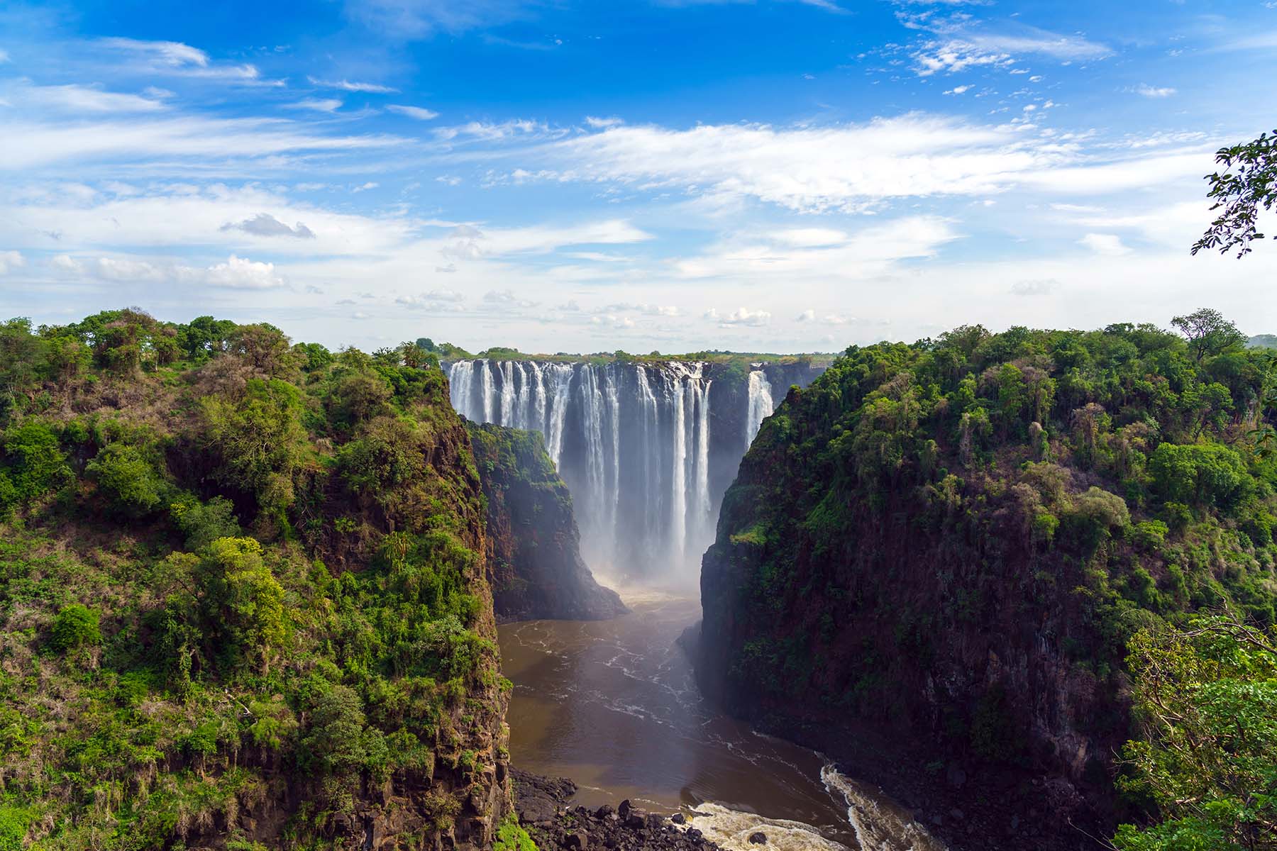 Vacker vy över Victoriafallen omgiven av grönskande tropisk skog, under en klarblå himmel med lätta moln, symboliserar naturens mäktiga skönhet och vattenkraft i Zambia och Zimbabwe.